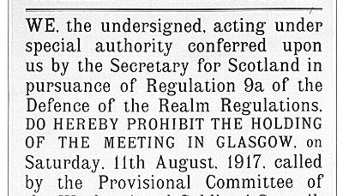 A black and white photocopy of a typed city of Glasgow Prohibition of meeting of workers' and soldiers' council form. 