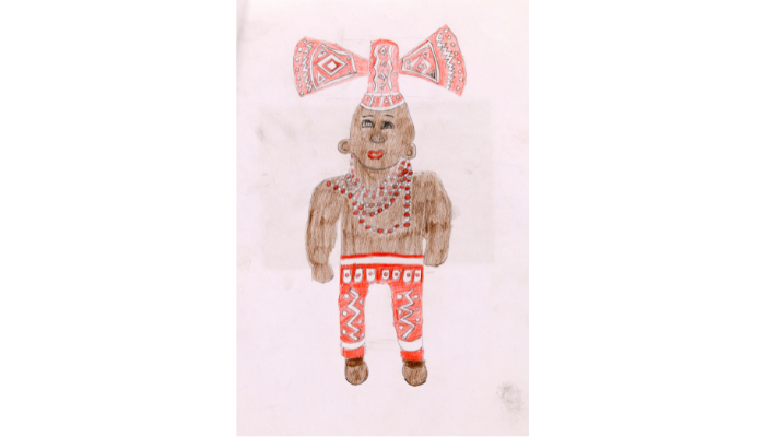 drawing of figure wearing hat, beads and patterned trousers