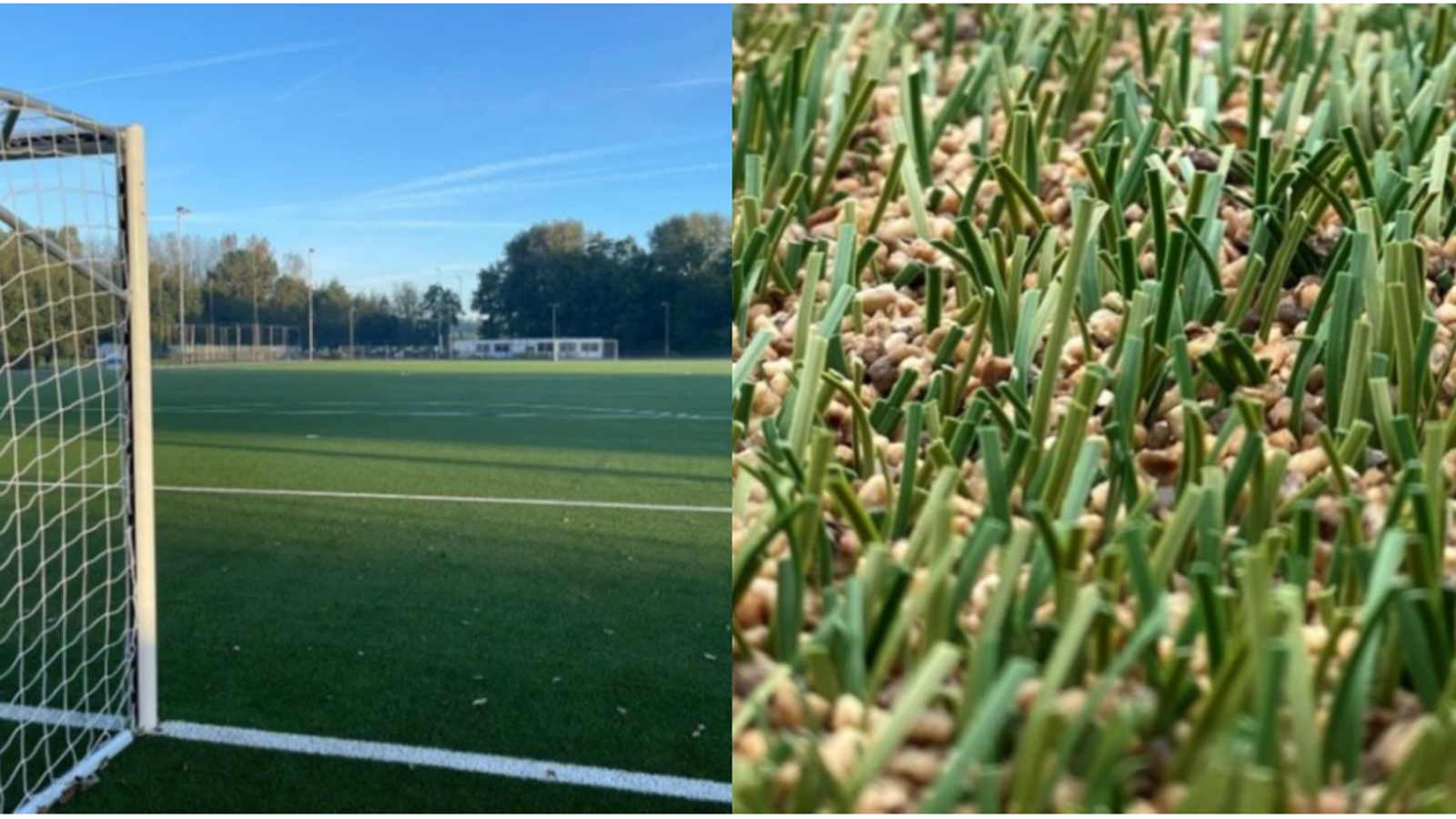 A split image showing a football pitch with a biodegradable corn infill