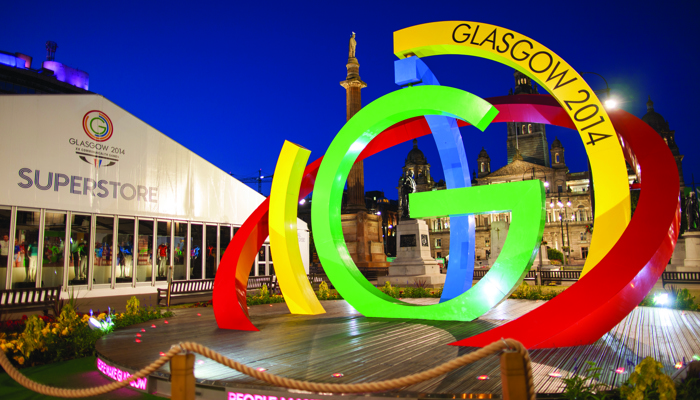 The Big G Sculpture in George Square at night lit up during the 2014 Commonwealth Games in Glasgow.