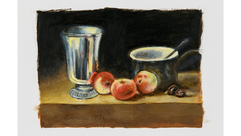 painting of still life with goblet, fruit and bowl