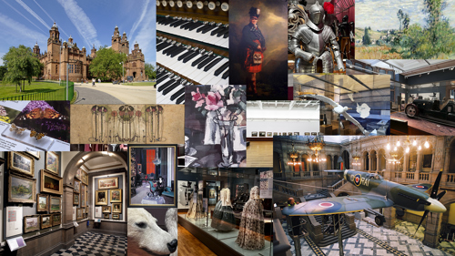 Images shows a collage of photographs featuring objects found in Kelvingrove Art Galley and Museum