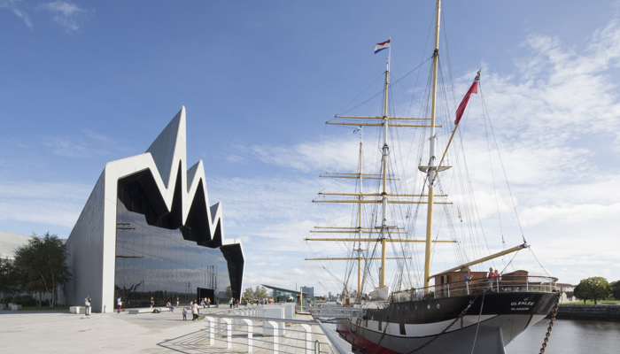 The Riverside Museum and The Tall Ship on the River Clyde on a sunny day.