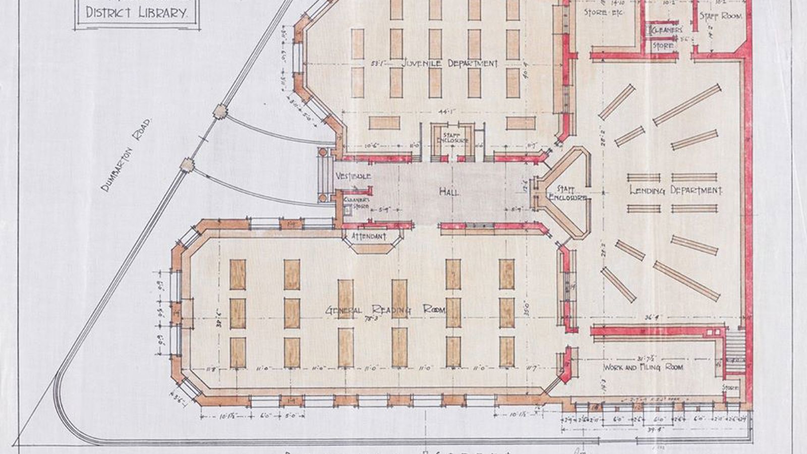 An illustrated plan of Partick library's ground floor created in pencil, using red, yellow and brown to draw distinguish markings.