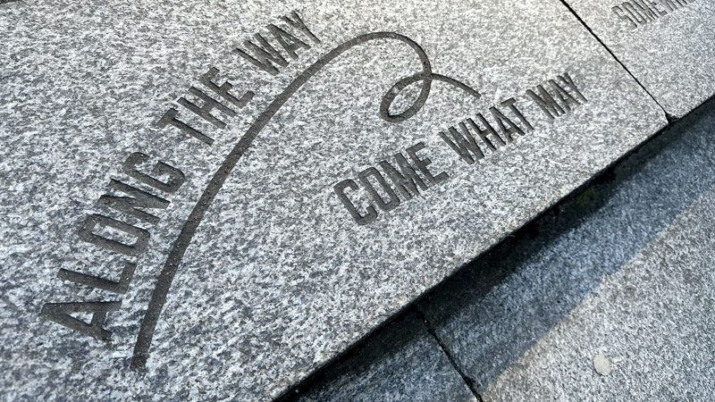 Photograph showing the texts which are carved into the stone steps around the Gallery of Modern Art.