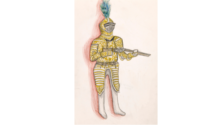 drawing of suit of armour holding gun