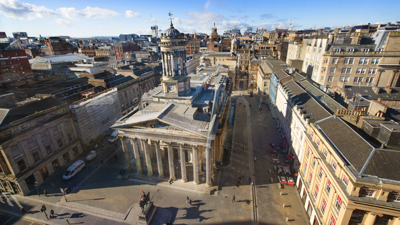 An aerial photograph looking down at the GoMA building.