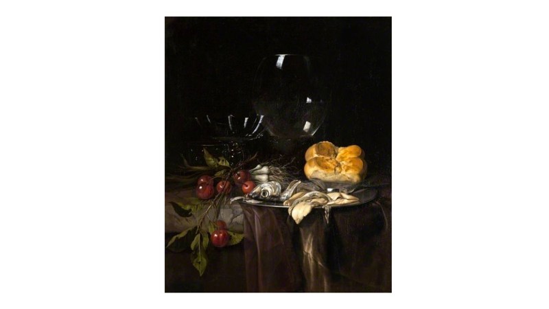 a dark still life painting showing food against a dark background.