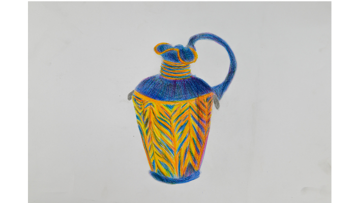 vase with yellow and orange stripe pattern and blue lid