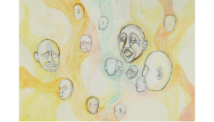 abstract drawing of floating heads sculpture showing various sizes of head and expressions on faces 