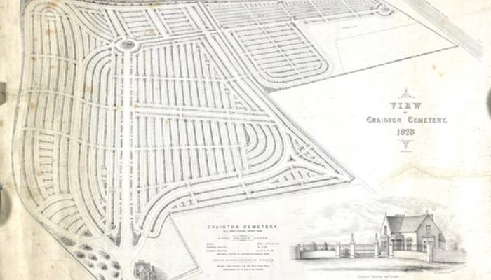 A photograph of a lair register of Craigton Cemetery which includes a drawing of a small church on it. 