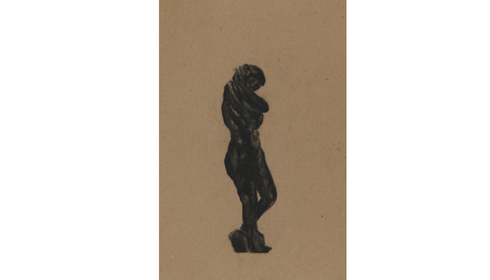 dark bronze statue of standing female figure 