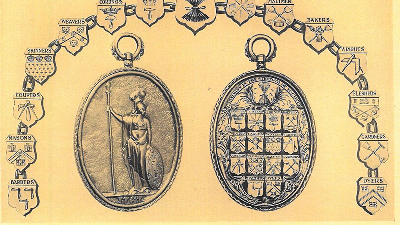 A photograph of the Deacon-convener's first medal 1767. It shows Armorial shields of the House and Incorporations