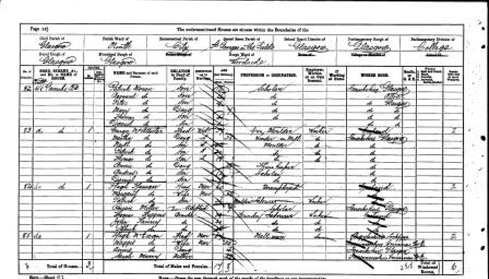 White paper with black typed ink and handwritten with black pen with Census information for Thomas Moran.