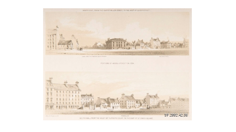 two pencil sketches of Glasgows Queen Street showing an evolution of buildings